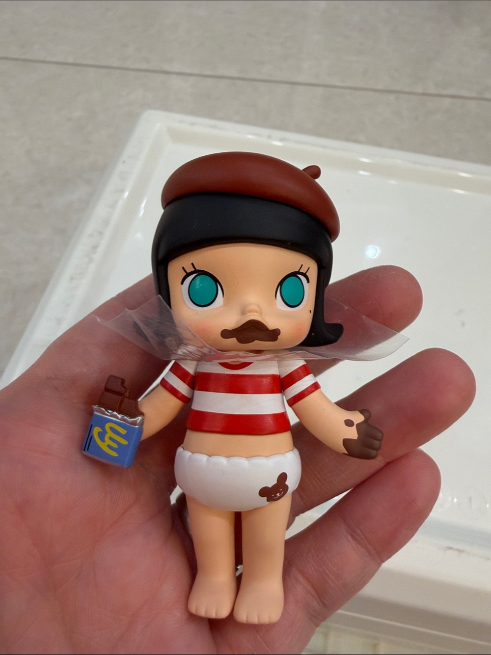 Striped Red & White Toddler Doll with Brown Beret and Teal Eyes
